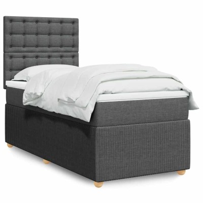vidaXL Pat box spring cu saltea, gri &amp;icirc;nchis, 90x200 cm, textil foto