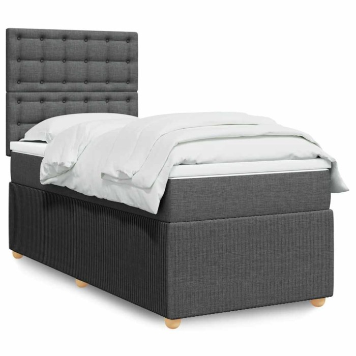 vidaXL Pat box spring cu saltea, gri &icirc;nchis, 90x200 cm, textil