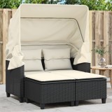 Canapea Gradina cu Baldachin vidaXL, Poliratan Negru, 123x65x155cm + 2 Scaune, Perne incluse, Huse Lavabile