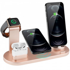 Incarcator wireless 4 in 1 pentru Apple iWatch, AirPods Pro, Samsung Galaxy, roz foto