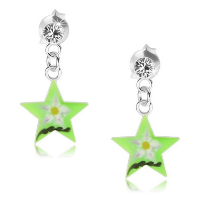 Cercei din argint 925, stea verde cu floare, cristal Swarovski transparent foto