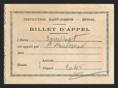 BILLET D&amp;#039;APPEL - BILET DE CHEMARE ELEV, PERIOADA INTERBELICĂ - FRANȚA, INSTITUTION SAINT-JOSEPH, LICEU DIN EPINAL foto