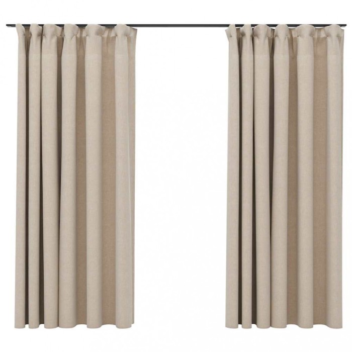 Draperii opace aspect in, cu carlige, 2 buc., bej, 140x175 cm