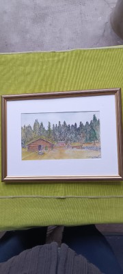 Tablou inramat, peisaj nordic, acuarela, semnat foto