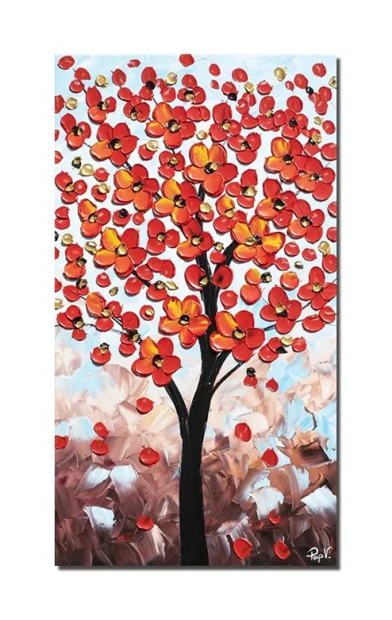 Tablou pictat manual, Copacul vietii, bucurie in rosu, 90x50cm ulei pe panza in cutit efect 3D, Valentin Pop
