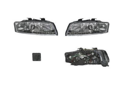 Set faruri Audi A4 (B6), 11.2000-11.2004, partea Stanga+Dreapta, Tuning, Fata, cu lumina de parcare LED; tip bec H1+H1; manual/electric; transparent, foto