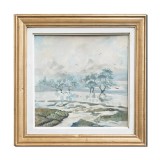 Tablou vechi 1994 pictat manual inramat, Peisaj natura, 55x55cm ulei pe panza, Emilian Enache