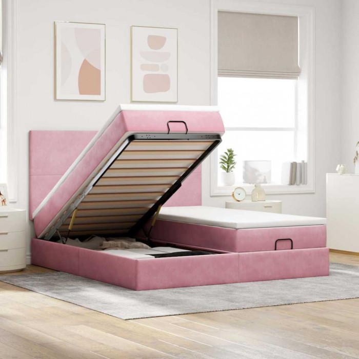 vidaXL Cadru de pat otoman cu saltele Roz 200x200cm catifea 3313765