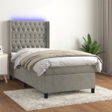 Gossi pat cu arcuri, saltea si led, gri deschis, 90x190 cm, catifea