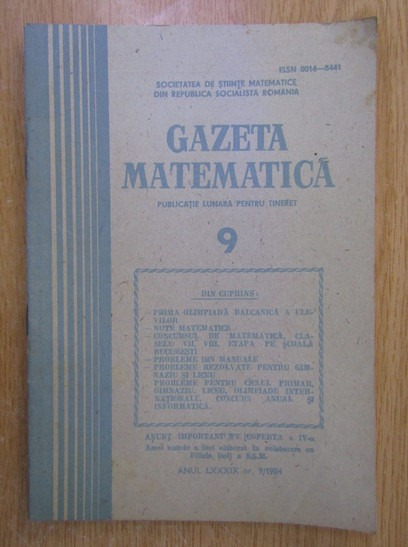 Revista Gazeta Matematica. Anul LXXXIX, nr. 9 / 1984