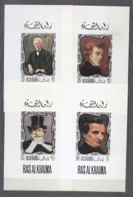 Ras Al Khaima 1969 Composers on paintings 4 mini sheets MNH M.202 foto