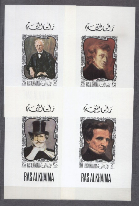 Ras Al Khaima 1969 Composers on paintings 4 mini sheets MNH M.202