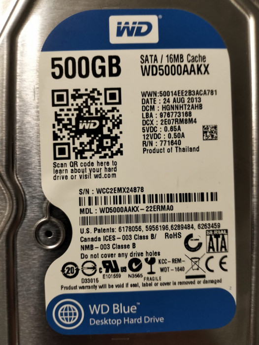Hard disk WD Blue 500GB WD5000AAKX, SATA III, 7200 RPM, 16MB Buffer