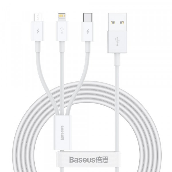 Cablu Incarcare USB-A - Lightning / microUSB / USB-C Baseus Superior 3in1 Series, 20W, 1.2m, Alb CAMLTYS-02