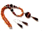 Set Colier &amp; Cercei Handmade cu Agate Naturale și Coral. Bijuterii Pietre Semiprețioase, Pandantiv 80mm, Cercei 35mm