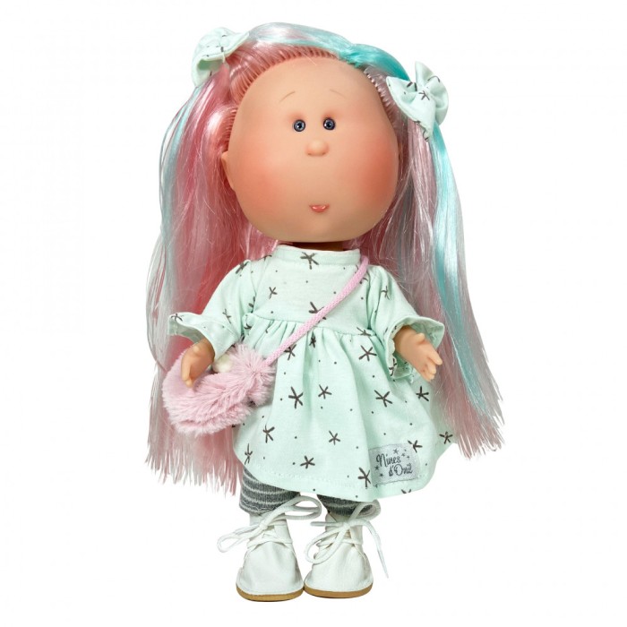 Papusa Nines D&#039;Onil Mia cu parul roz si suvite verzi, articulatii si miros de vanilie 30 cm