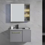 Set mobilier baie gri 60x47 cm, 3 piese cu lavoar din piatra si oglinda