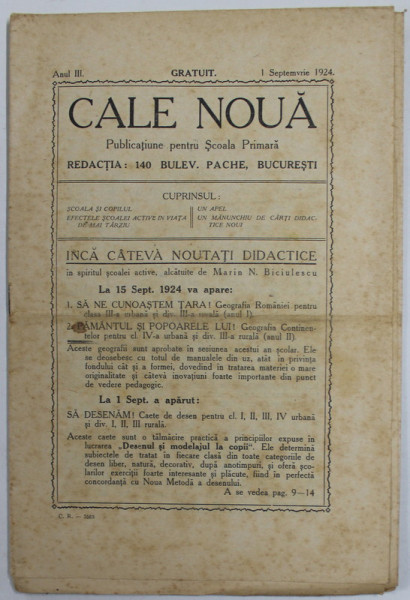 CALE NOUA , PUBLICATIUNE PENTRU SCOALA PRIMARA , ANUL III , 1 SEPTEMBRIE 1924 , PREZINTA PETE SI URME DE UZURA