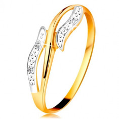Inel cu diamante din aur 14K, brațe ondulate, în două culori, trei diamante transparente - Marime inel: 54