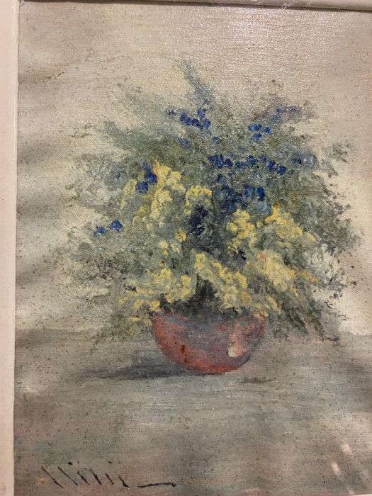 tablou Vas cu flori de camp, ulei pe panza, 21x15,5 cm, rama splendida