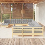 vidaXL Set mobilier grădină cu perne, 13 piese, gri, lemn de pin 3097072
