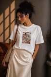 Tricou dama alb din bumbac cu imprimeu fetita cu rochie din flori