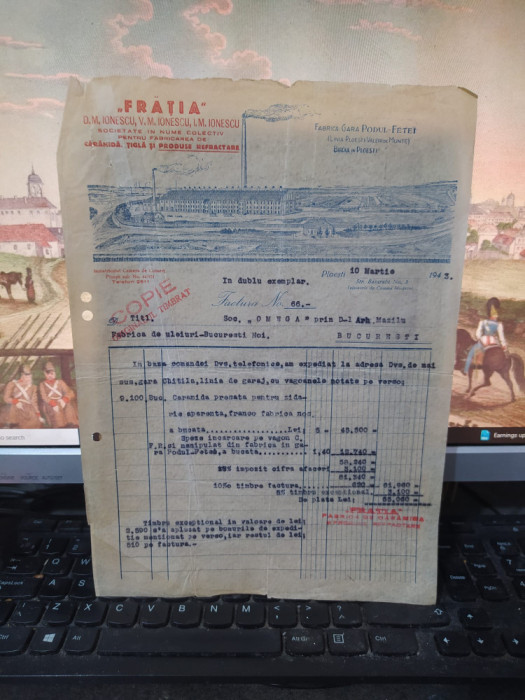 Frăția, Societate pt. fabricarea de Cărămidă, Țiglă, Factură, Ploiești 1943, 082
