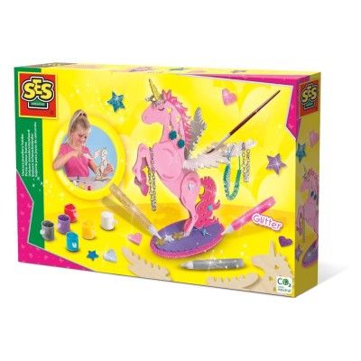 Set creativ pentru copii suport de bijuterii unicorn cu 6 culori acuarele si lipici cu sclipici foto