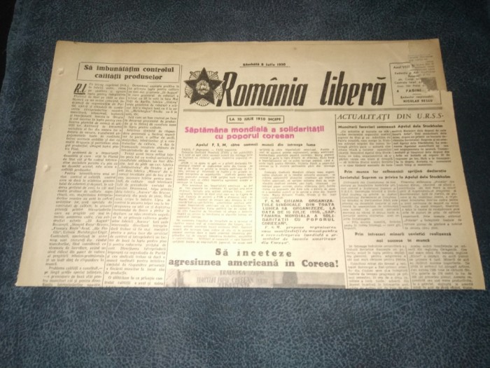 ZIARUL ROMANIA LIBERA 8 IULIE 1950 RAZBOI COREEA