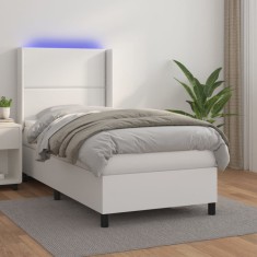 vidaXL Pat cu arcuri, saltea și LED, alb, 80x200 cm, piele ecologică