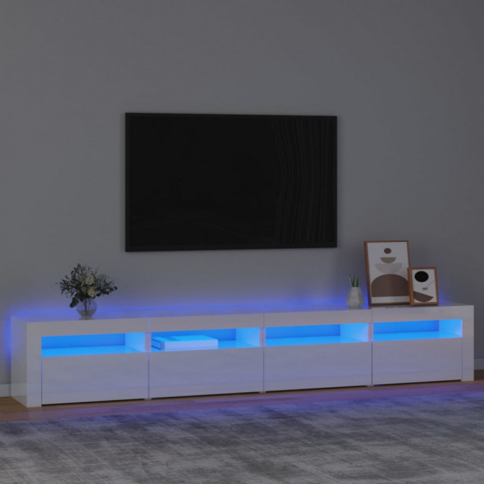 vidaXL Comodă TV cu lumini LED, alb extralucios, 240x35x40cm