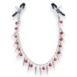 Cleme pentru sf&acirc;rcuri B-SERIES Exclusive Nipple Clamps, design cu lanț, țepi și clopoței, argintiu cu roșu (61-00011)