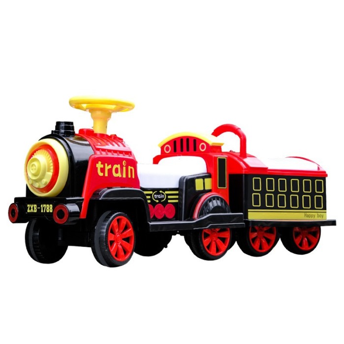 Masinuta electrica flippy, tip trenulet cu vagon detasabil, pentru 2 persoane,cu telecomanda, lumini si sunete, locomotiva cu vapori de abur, 1-6 ani,