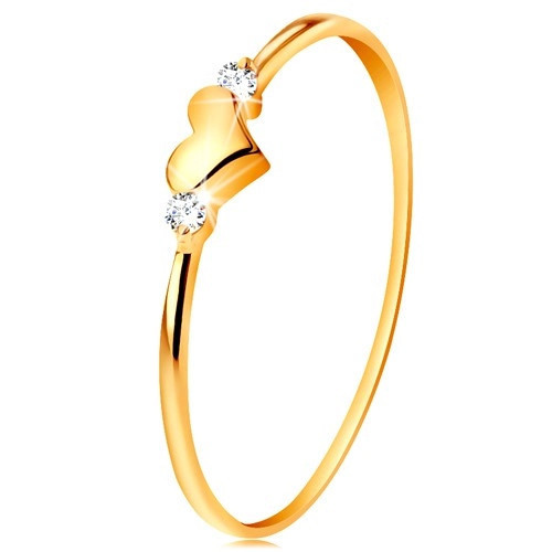 Inel realizat din aur de 14K - două zirconii transparente şi inimă lucioasă, proeminentă - Marime inel: 51