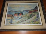 Tablou cusut brodat broderie veche inramata ce imita pictura lucrat manual peisaj cu case pe lac pescari culori pastel rama lemn cu sticla