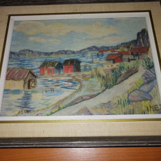 Tablou cusut brodat peisaj cu case langa lac culori pastel rama lemn cu sticla