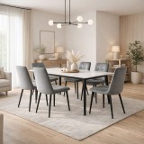 Cumpara ieftin Set masa living Lineo FDT1, blat ceramica, structura metalica, 140x80x75 cm, alb gri si 6 scaune Rizea FDC4, tapiterie catifea, 90 kg, gri