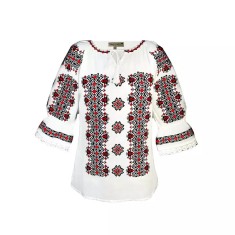 Bluza Tip Ie Traditionala Alba cu Motiv Geometric Multicolor de Dama - IMS137