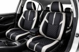 Set Huse Auto universale luxoase din piele ecologica, negru-alb, integral din piele ecologica, pentru scaune fata si spate