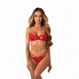 Lenjerie sexy 2 piese OBSESSIVE Matildea, sutien și chilot tanga crotchless, din dantelă, cu decupaje, culoare roșu, mărime S/M