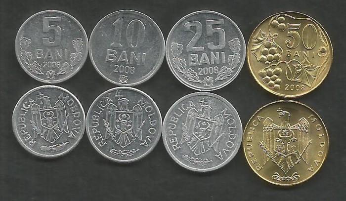 MOLDOVA SET / LOT ( 4 buc ) , 5 BANI + 10 BANI + 25 BANI + 50 BANI 2008 , a UNC