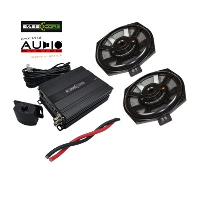 Pachet 2 subwoofere Audio System dedicate pentru BMW E/F/G, cu amplificator 1 canale de la BassCore si cablu de alimentare de 5 metri. CarStore Techno