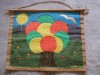 Decor de perete vechi arta textila realizat manual Patchwork broderie aplicata metoda applique peisaj cu soare flori si pom semnata 1974