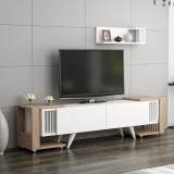 Set mobilier 4 componente suport TV cu raft si 2 mese laterale Glostrup alb stejar [en.casa] HausGarden Leisure