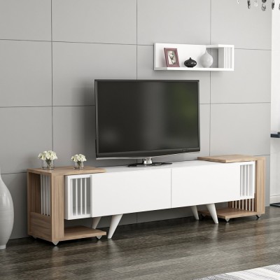 Set mobilier 4 componente suport TV cu raft si 2 mese laterale Glostrup alb stejar [en.casa] HausGarden Leisure foto