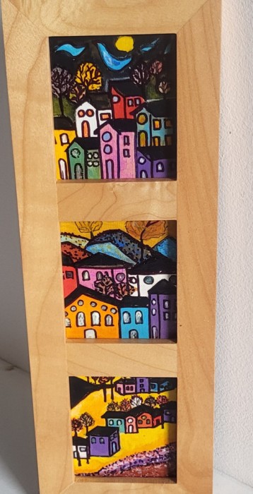 Triptic, unic tablou -pictura moderna ,PEISAJE RURALE, pictor roman contemporan