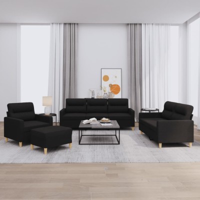 vidaXL Set de canapele cu perne, 4 piese, negru, textil 3201548 foto