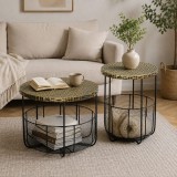 Cumpara ieftin Masuta gradina/terasa/balcon, cu cos depozitare metalic, rotunda, negru si maro deschis, set 2 marimi