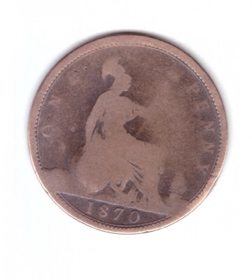 Moneda Marea Britanie 1 penny 1870, uzata, curata foto