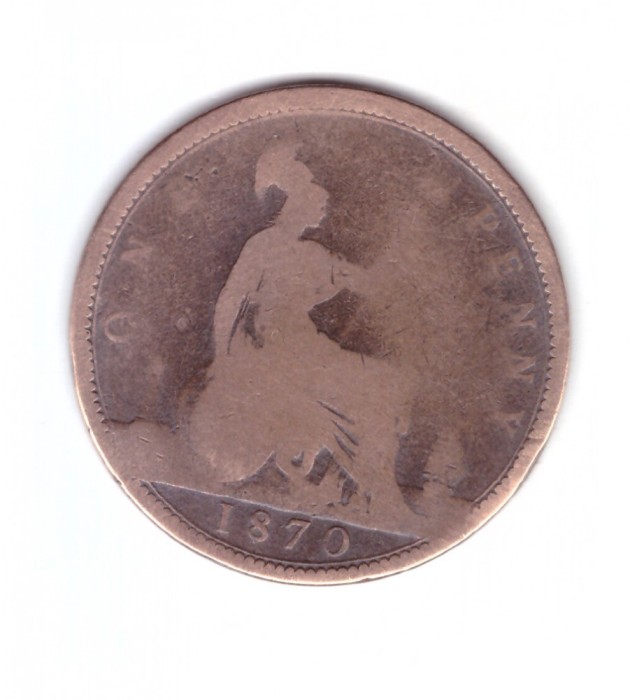 Moneda Marea Britanie 1 penny 1870, uzata, curata